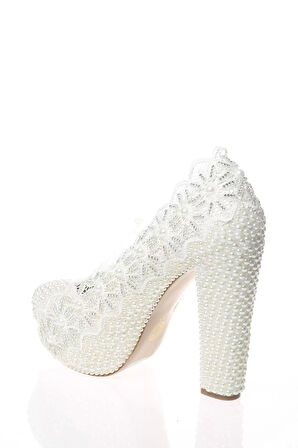 Kadın Moda Beyaz Sedef Inci Taş Işlemeli Gelin Ayakkabı Topuklu Düğün Nişan Gece Abiye Ayakkabı