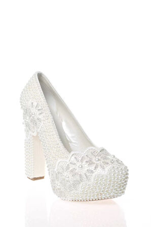 Kadın Moda Beyaz Sedef Inci Taş Işlemeli Gelin Ayakkabı Topuklu Düğün Nişan Gece Abiye Ayakkabı
