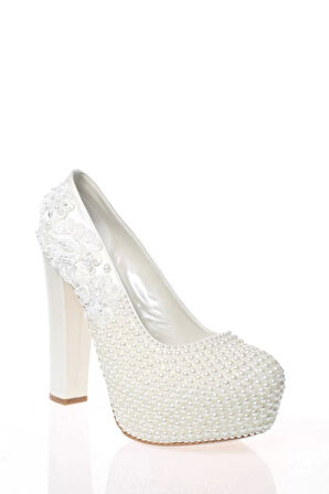 Kadın Moda Şık Sedef İnci Taş İşlemeli Gelin Ayakkabı Topuklu Düğün Nişan Gece Abiye Ayakkabı