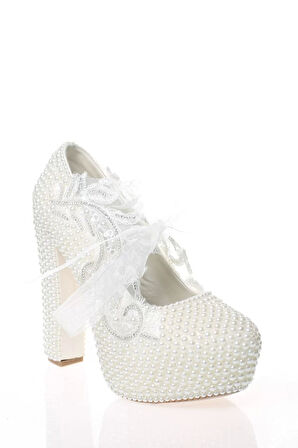 Kadın Moda Beyaz Sedef Inci Taş Işlemeli Gelin Ayakkabı Topuklu Düğün Nişan Gece Abiye Ayakkabı