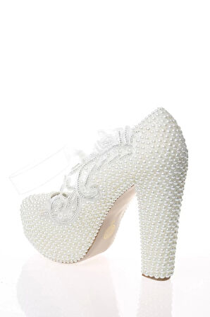 Kadın Moda Beyaz Sedef Inci Taş Işlemeli Gelin Ayakkabı Topuklu Düğün Nişan Gece Abiye Ayakkabı