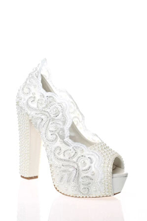 Kadın Moda Beyaz Sedef Inci Taş Işlemeli Gelin Ayakkabı Topuklu Düğün Nişan Gece Abiye Ayakkabı