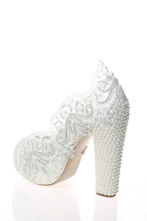 Kadın Moda Beyaz Sedef Inci Taş Işlemeli Gelin Ayakkabı Topuklu Düğün Nişan Gece Abiye Ayakkabı