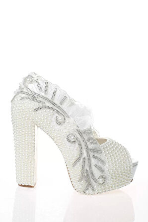 Kadın Moda Beyaz Sedef Inci Taş Işlemeli Gelin Ayakkabı Topuklu Düğün Nişan Gece Abiye Ayakkabı