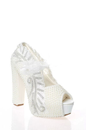 Kadın Moda Beyaz Sedef Inci Taş Işlemeli Gelin Ayakkabı Topuklu Düğün Nişan Gece Abiye Ayakkabı