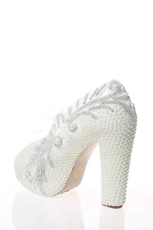 Kadın Moda Beyaz Sedef Inci Taş Işlemeli Gelin Ayakkabı Topuklu Düğün Nişan Gece Abiye Ayakkabı