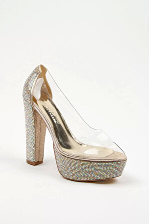 Kadın Moda Şık Rose Şeffaf Platformlu Ökçe Poli Taş Düğün Nişan Gece Abiye Ayakkabı