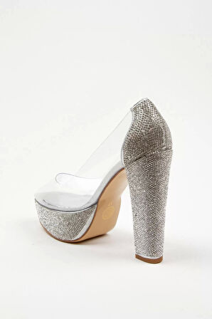 Kadın Moda Şık Rose Şeffaf Platformlu Ökçe Poli Taş Düğün Nişan Gece Abiye Ayakkabı