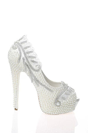 Kadın Moda Şık Sedef İnci Taş İşlemeli Gelin Ayakkabı Topuklu Düğün Nişan Gece Abiye Ayakkabı