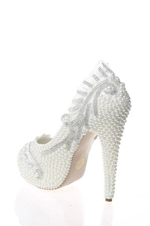 Kadın Moda Şık Sedef İnci Taş İşlemeli Gelin Ayakkabı Topuklu Düğün Nişan Gece Abiye Ayakkabı