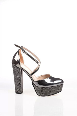 Kadın Moda Şık Platin Ayna Taşlı Topuklu Zarif Tasarım Düğün Nişan Gece Abiye Ayakkabı