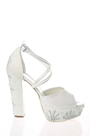 Kadın Moda Şık Sedef İnci Taş İşlemeli Gelin Ayakkabı Topuklu Düğün Nişan Gece Abiye Ayakkabı