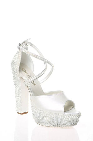 Kadın Moda Şık Sedef İnci Taş İşlemeli Gelin Ayakkabı Topuklu Düğün Nişan Gece Abiye Ayakkabı