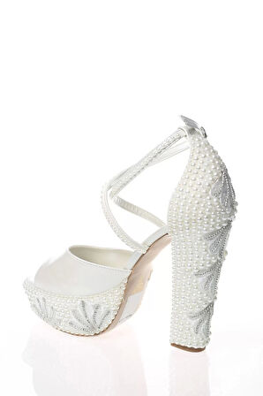 Kadın Moda Şık Sedef İnci Taş İşlemeli Gelin Ayakkabı Topuklu Düğün Nişan Gece Abiye Ayakkabı