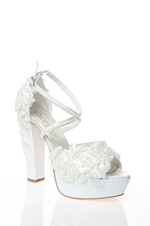 Kadın Moda Beyaz Sedef Inci Taş Işlemeli Gelin Ayakkabı Topuklu Düğün Nişan Gece Abiye Ayakkabı