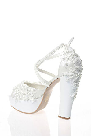 Kadın Moda Beyaz Sedef Inci Taş Işlemeli Gelin Ayakkabı Topuklu Düğün Nişan Gece Abiye Ayakkabı