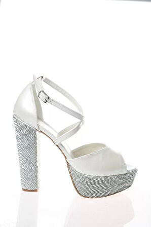 Kadın Moda Şık Gümüş Ayna Ökçe Poli Taş Topuklu Zarif Tasarım Düğün Nişan Gece Abiye Ayakkabı