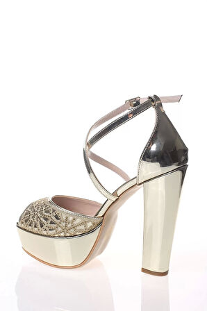 Kadın Moda Şık Gold Ayna Yüz Kristal Lazer Topuklu Düğün Nişan Gece Abiye Ayakkabı