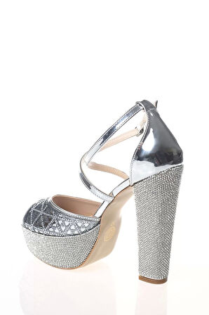 Kadın Moda Şık Gold Ayna Yüz Lazer Ökçe Poli Taş Topuklu Düğün Nişan Gece Abiye Ayakkabı