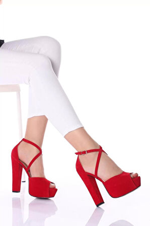 Kadın Moda Şık Kırmızı Süet Topuklu Zarif Tasarım Yüksek Topuk Düğün Nişan Gece Abiye Ayakkabı