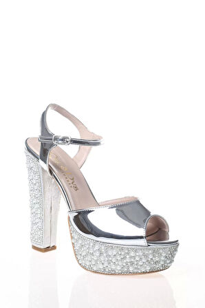 Kadın Moda Şık Altın Ayna Ökçe Poli İnci Topuklu Zarif Tasarım Düğün Nişan Gece Abiye Ayakkabı