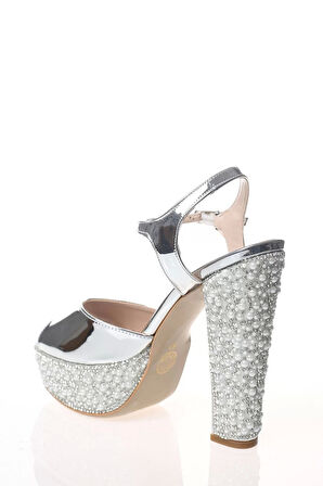 Kadın Moda Şık Altın Ayna Ökçe Poli İnci Topuklu Zarif Tasarım Düğün Nişan Gece Abiye Ayakkabı