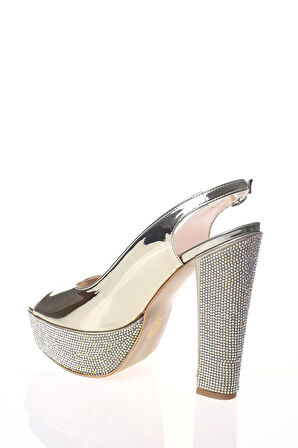 Kadın Moda Şık Gold Ayna Ökçe Poli Taş Topuklu Zarif Tasarım Düğün Nişan Gece Abiye Ayakkabı