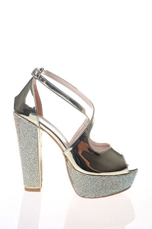 Kadın Moda Şık Gold Ayna Ökçe Poli Taş Topuklu Zarif Tasarım Düğün Nişan Gece Abiye Ayakkabı