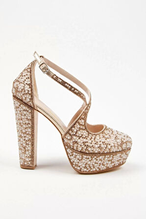 Kadın Moda Şık Gold Full Inci Zarif Tasarım Düğün Nişan Gece Abiye Ayakkabı