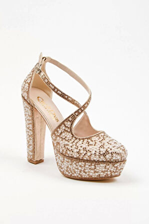 Kadın Moda Şık Gold Full Inci Zarif Tasarım Düğün Nişan Gece Abiye Ayakkabı