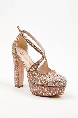 Kadın Moda Şık Gold Full Inci Zarif Tasarım Düğün Nişan Gece Abiye Ayakkabı