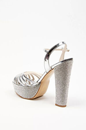 Kadın Moda Şık Gümüş Ayna Çapraz Ökçe Poli Taş Düğün Nişan Gece Abiye Ayakkabı