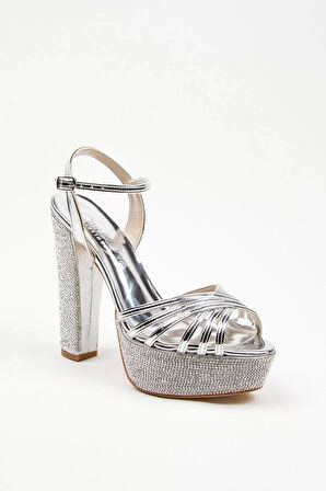 Kadın Moda Şık Gümüş Ayna Çapraz Ökçe Poli Taş Düğün Nişan Gece Abiye Ayakkabı