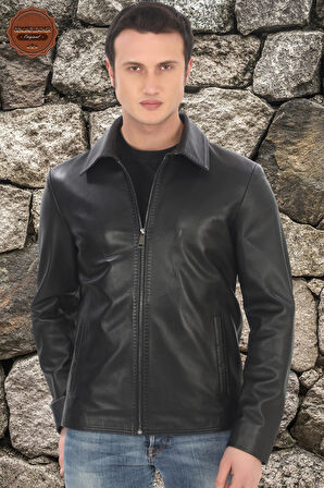 Erkek Modern Günlük Kullanım İçin Derimont Ceket Hakiki Kuzu Derisi Fermuarlı Şık Erkek Model