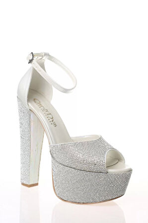 Kadın Moda Şık Sedef Cilt Full Taş Topuklu Zarif Tasarım Düğün Nişan Gece Abiye Ayakkabı