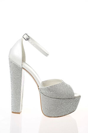 Kadın Moda Şık Sedef Cilt Full Taş Topuklu Zarif Tasarım Düğün Nişan Gece Abiye Ayakkabı