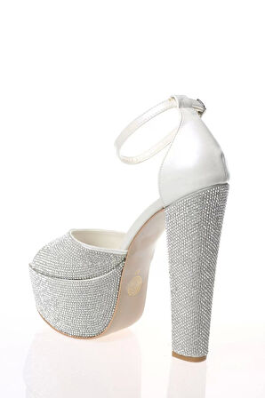 Kadın Moda Şık Sedef Cilt Full Taş Topuklu Zarif Tasarım Düğün Nişan Gece Abiye Ayakkabı