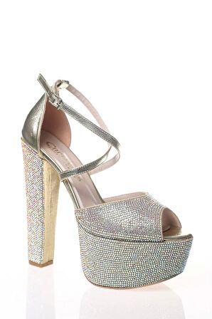 Kadın Moda Şık Gold Kristal Full Taş Topuklu Düğün Nişan Gece Abiye Ayakkabı