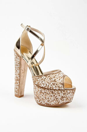 Kadın Moda Şık Gold Ayna Full Inci Düğün Nişan Gece Abiye Ayakkabı