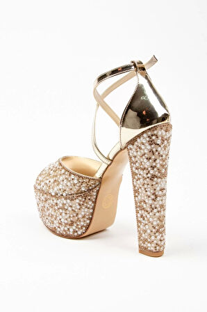 Kadın Moda Şık Gold Ayna Full Inci Düğün Nişan Gece Abiye Ayakkabı