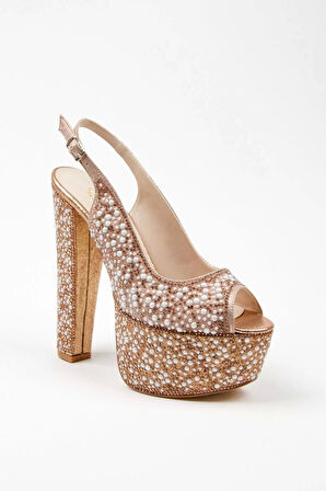 Kadın Moda Şık Gold Sultan Full Inci Düğün Nişan Gece Abiye Ayakkabı