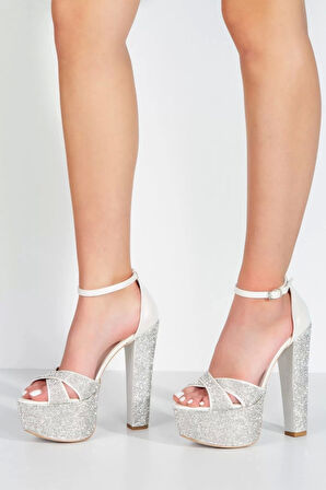 Kadın Moda Şık Ayna Janjan Taşlı Çapraz Klasik Topuklu Platformlu Düğün Nişan Gece Abiye Ayakkabı