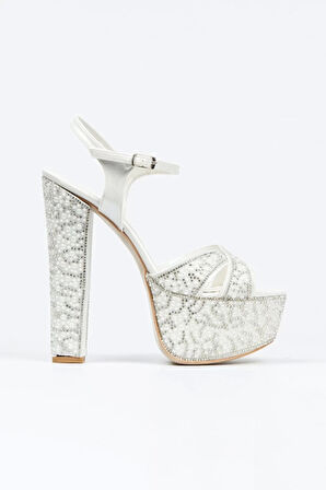 Kadın Moda Ayna Full Inci Taşlı Çapraz Klasik Topuklu Platformlu Düğün Nişan Gece Abiye Ayakkabı