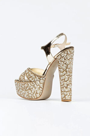 Kadın Moda Ayna Full Inci Taşlı Çapraz Klasik Topuklu Platformlu Düğün Nişan Gece Abiye Ayakkabı