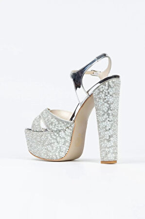 Kadın Moda Ayna Full Inci Taşlı Çapraz Klasik Topuklu Platformlu Düğün Nişan Gece Abiye Ayakkabı