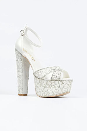 Kadın Moda Ayna Full Inci Taşlı Çapraz Klasik Topuklu Platformlu Düğün Nişan Gece Abiye Ayakkabı