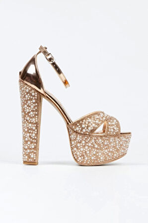 Kadın Moda Ayna Full Inci Taşlı Çapraz Klasik Topuklu Platformlu Düğün Nişan Gece Abiye Ayakkabı