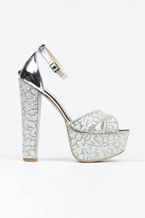 Kadın Moda Ayna Full Inci Taşlı Çapraz Klasik Topuklu Platformlu Düğün Nişan Gece Abiye Ayakkabı