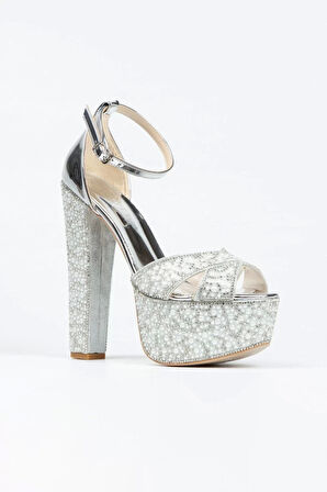 Kadın Moda Ayna Full Inci Taşlı Çapraz Klasik Topuklu Platformlu Düğün Nişan Gece Abiye Ayakkabı