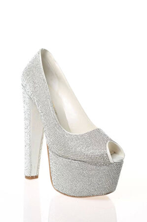 Kadın Moda Şık Gümüş Full Taş Yüksek Topuk Topuklu Düğün Nişan Gece Abiye Ayakkabı